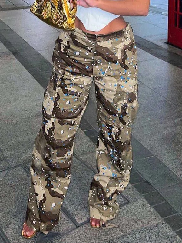 Fashion Nova Olive Camo Wide-Leg Cargo Pants With Blue Paint Splatter